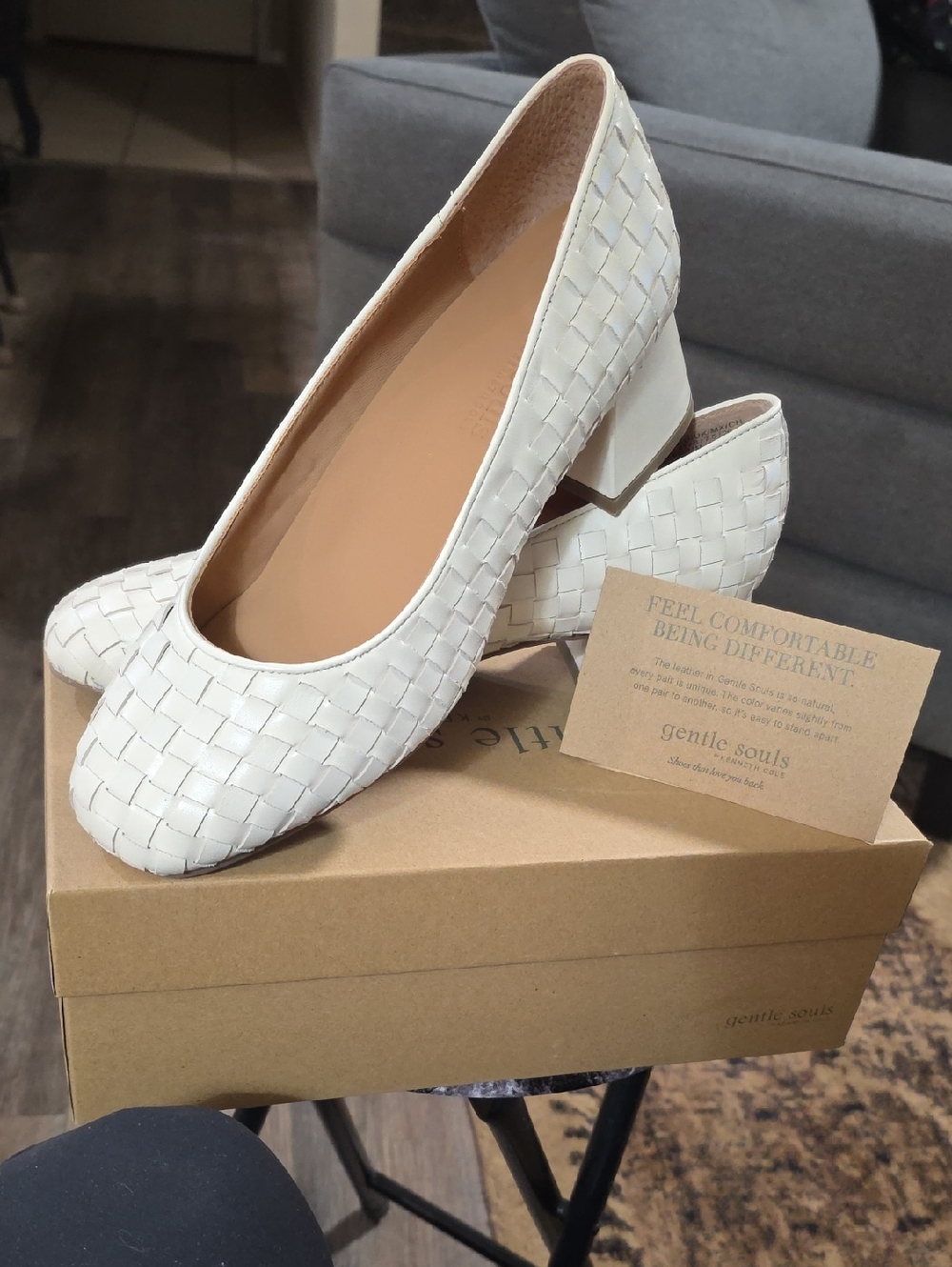 gentle souls Cream Woven Low Block Heel Pumps